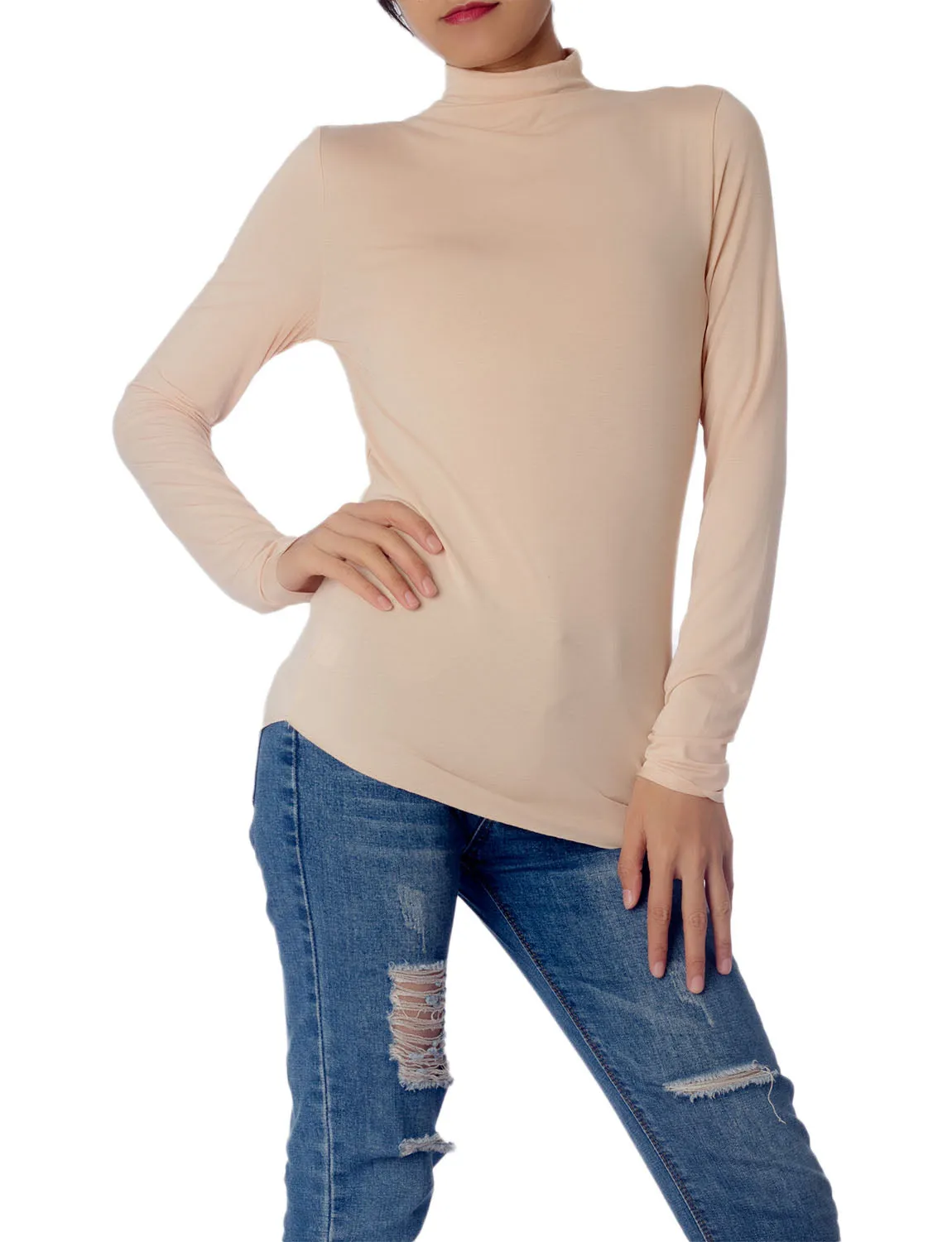 iB-iP Women's Tops Turtleneck Slim Fit Long Sleeve High Neck Cozy Silky Henley