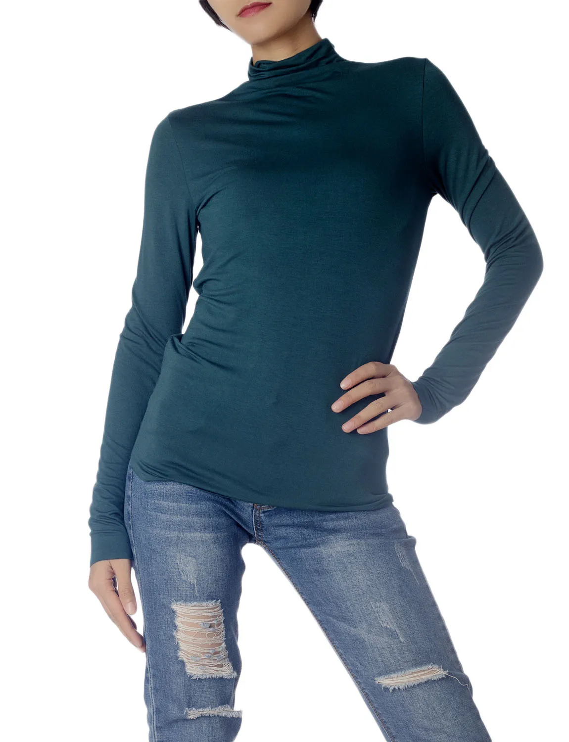 iB-iP Women's Tops Turtleneck Slim Fit Long Sleeve High Neck Cozy Silky Henley