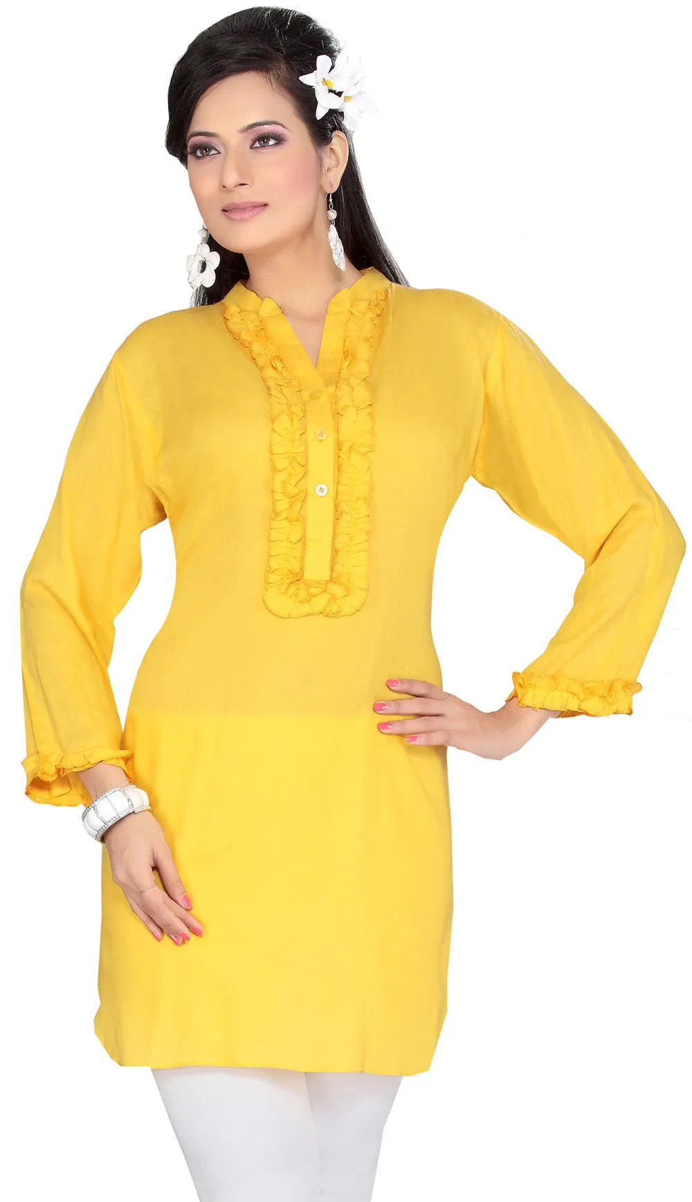 India Tunic Top Kurti Womens Rayon Cotton Indian Apparel (Yellow)