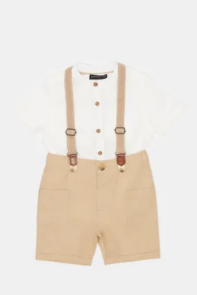 Infant Boys Beige And White Suspender Short Set (2 Piece)