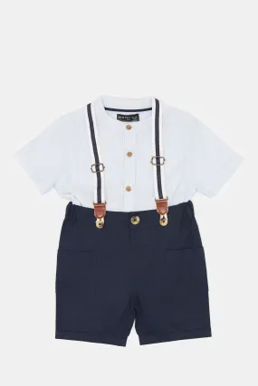 Infant Boys Navy And White Suspender Short Set (2 Piece)