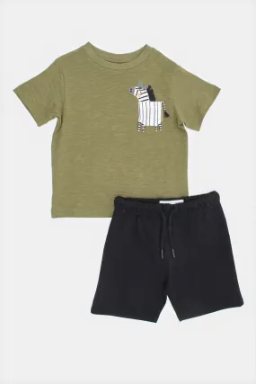 Infant Boys Olive And Black Zebra Print Casual Set (2 Piece)