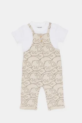 Infant Boys White And Beige Elephant Print Dungaree Set (2 Piece)