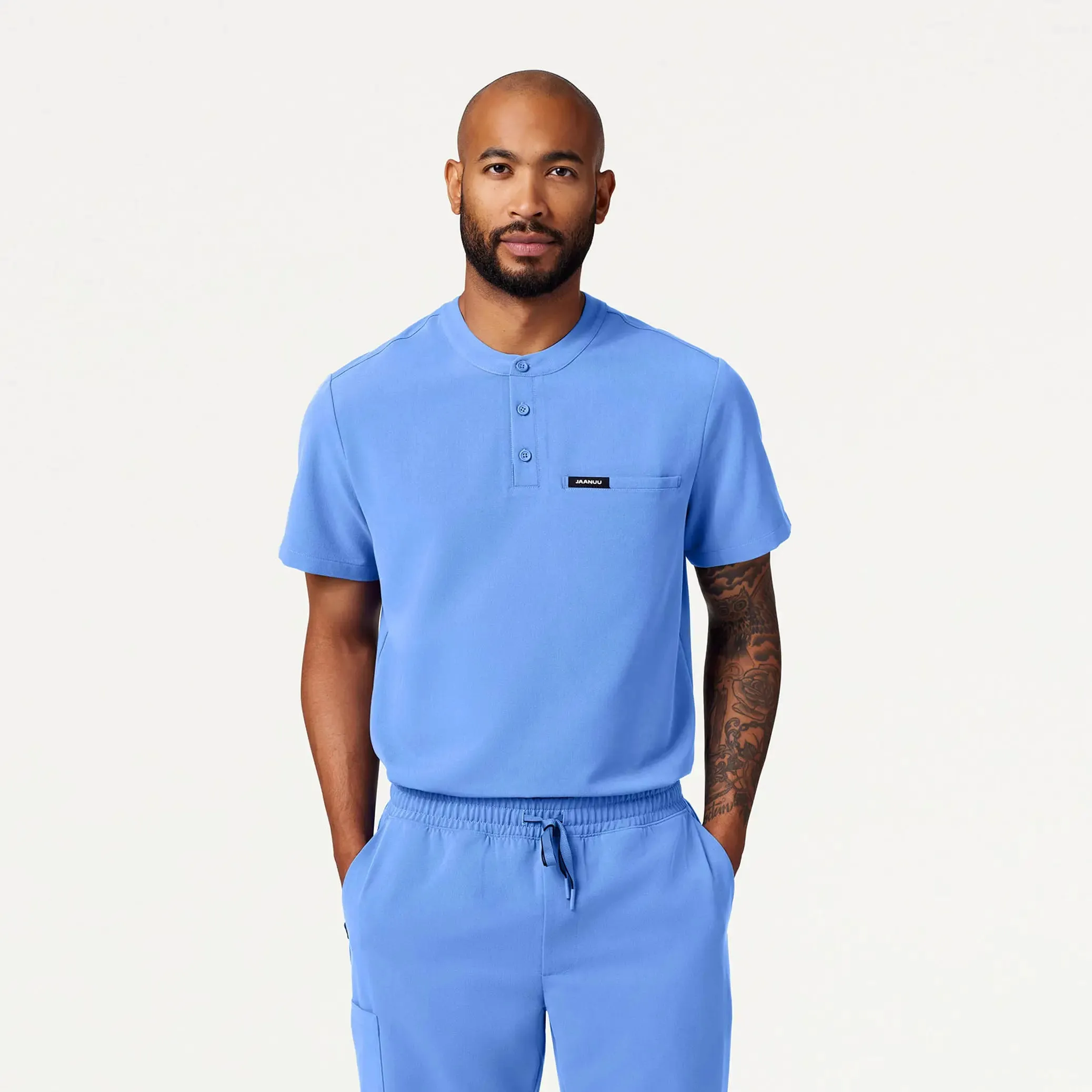 Jaanuu Men's Reeve Henley Scrub Top - Ceil Blue