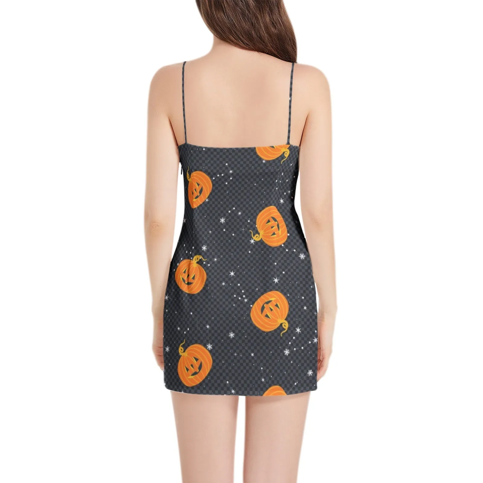 Jack O Lantern Sleeveless Square Neckline Spaghetti Strap Mini Dress