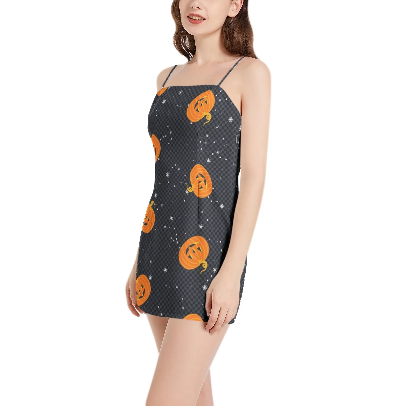 Jack O Lantern Sleeveless Square Neckline Spaghetti Strap Mini Dress