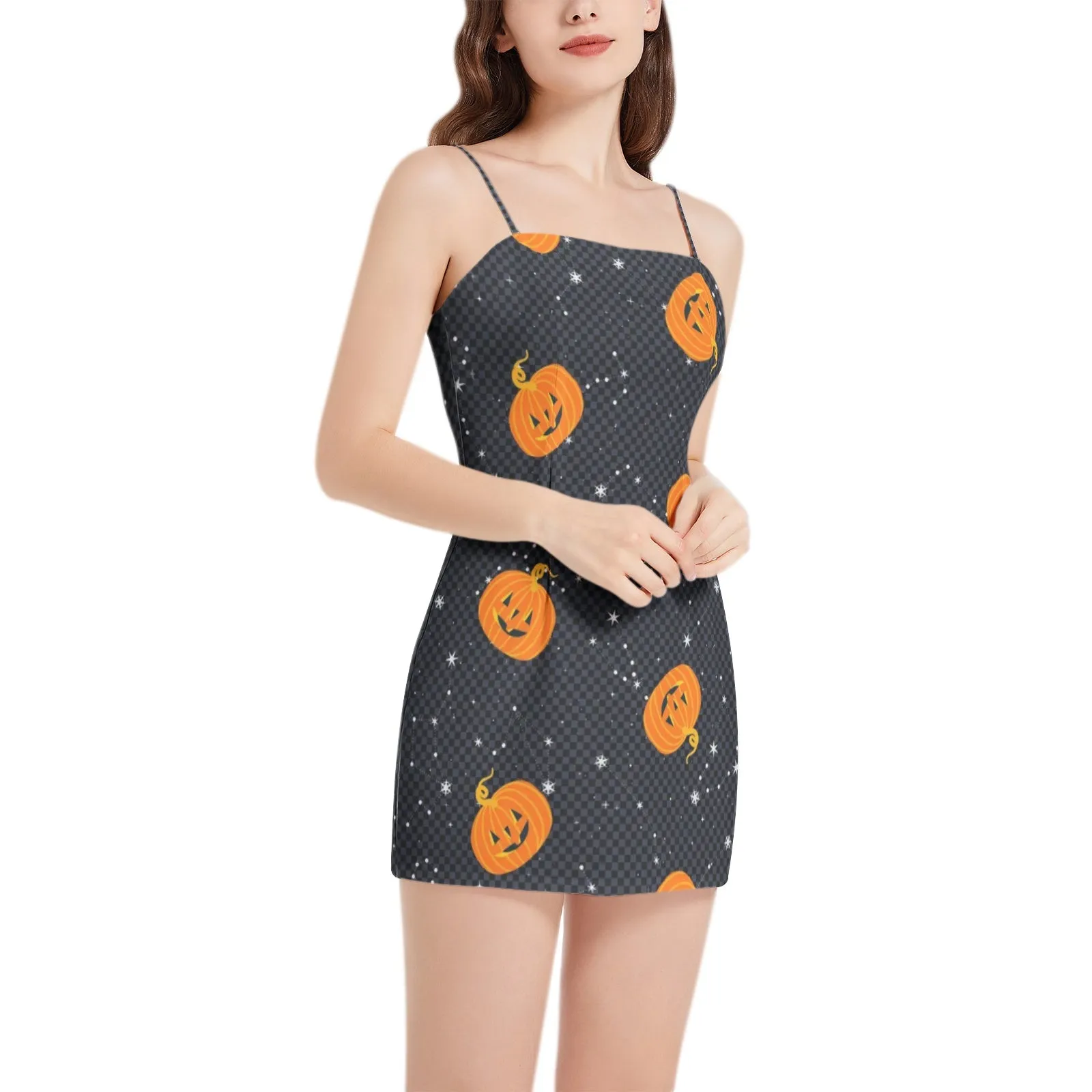 Jack O Lantern Sleeveless Square Neckline Spaghetti Strap Mini Dress