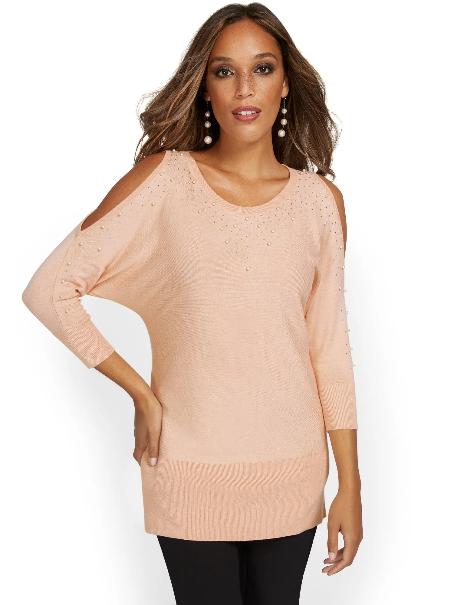 Jeweled Cold-Shoulder Tunic Sweater