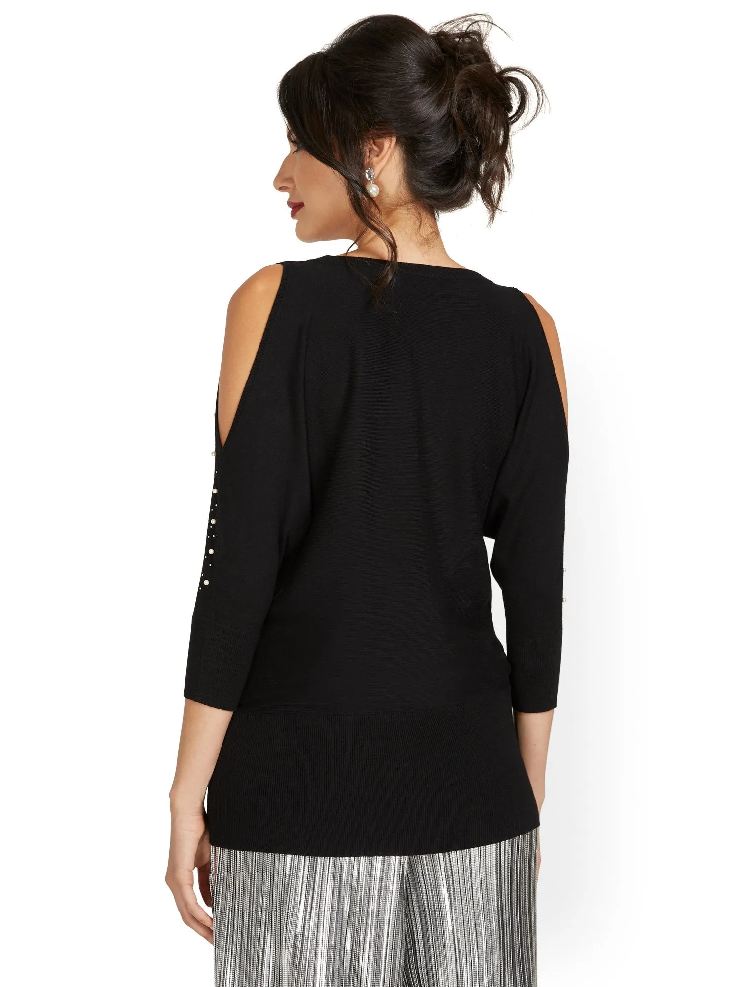 Jeweled Cold-Shoulder Tunic Sweater