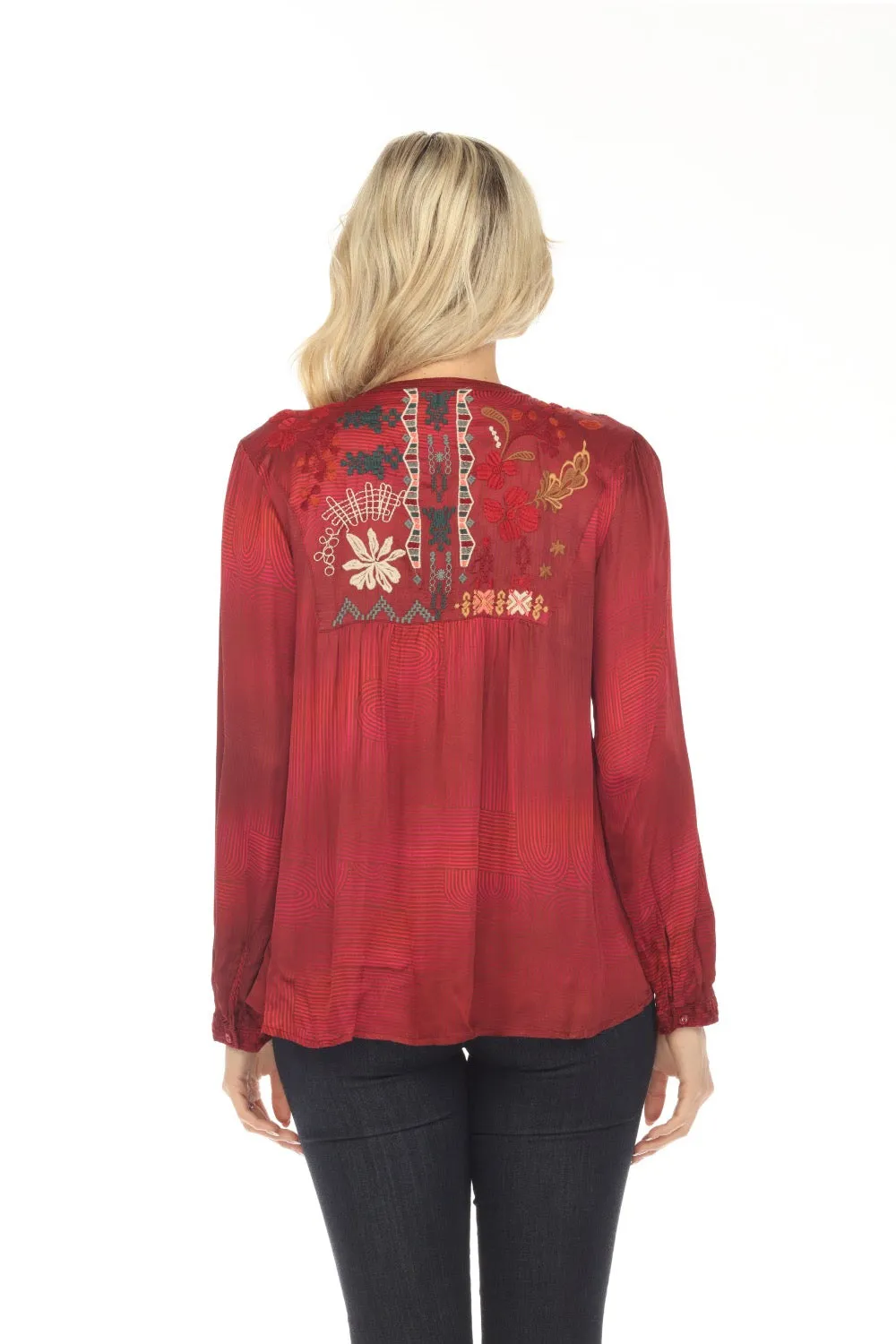 Johnny Was Workshop Zuzu Field Henley Embroidered Blouse Boho Chic W15623 *