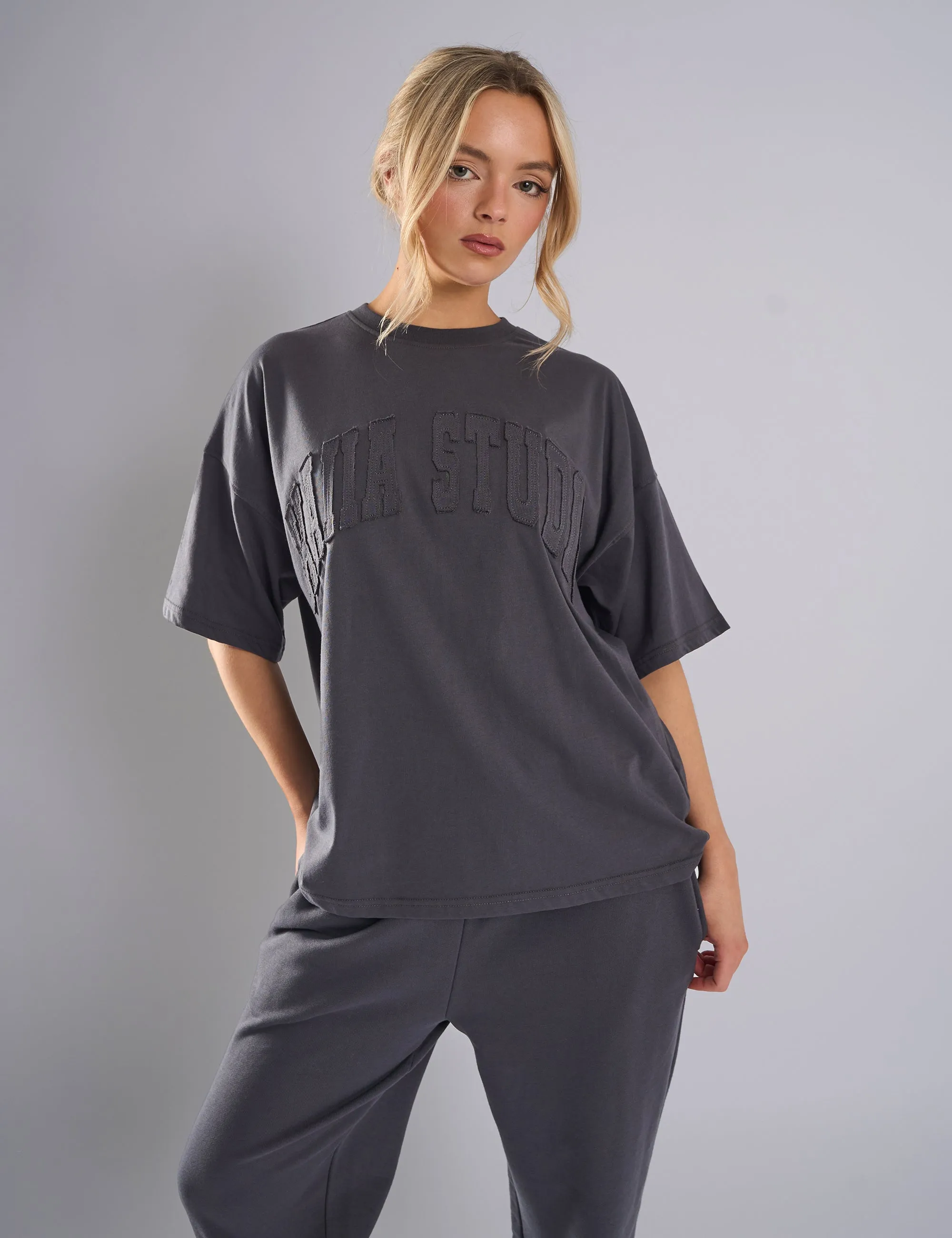 Kaiia Studio Distressed Applique Oversized T-Shirt Dark Grey