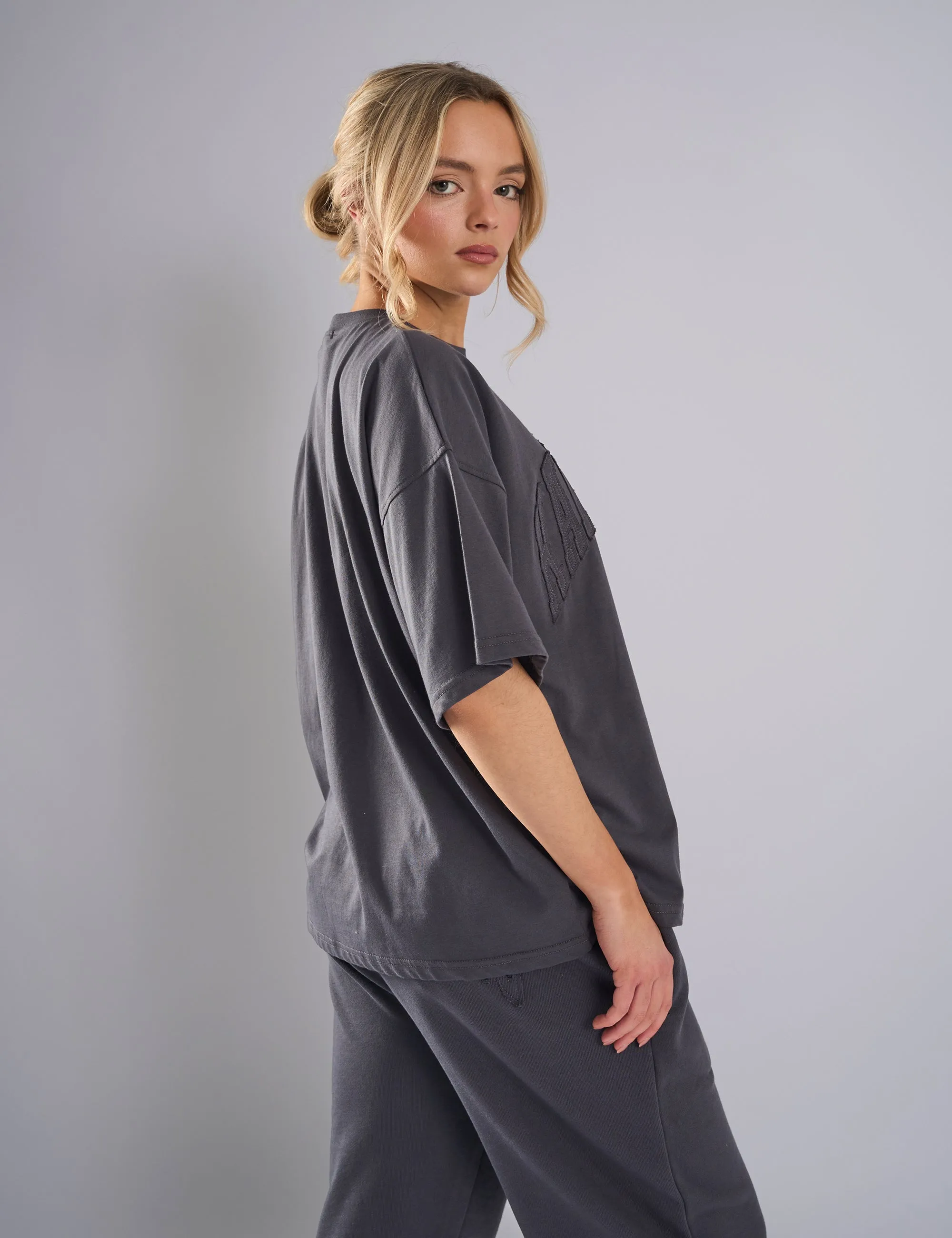 Kaiia Studio Distressed Applique Oversized T-Shirt Dark Grey