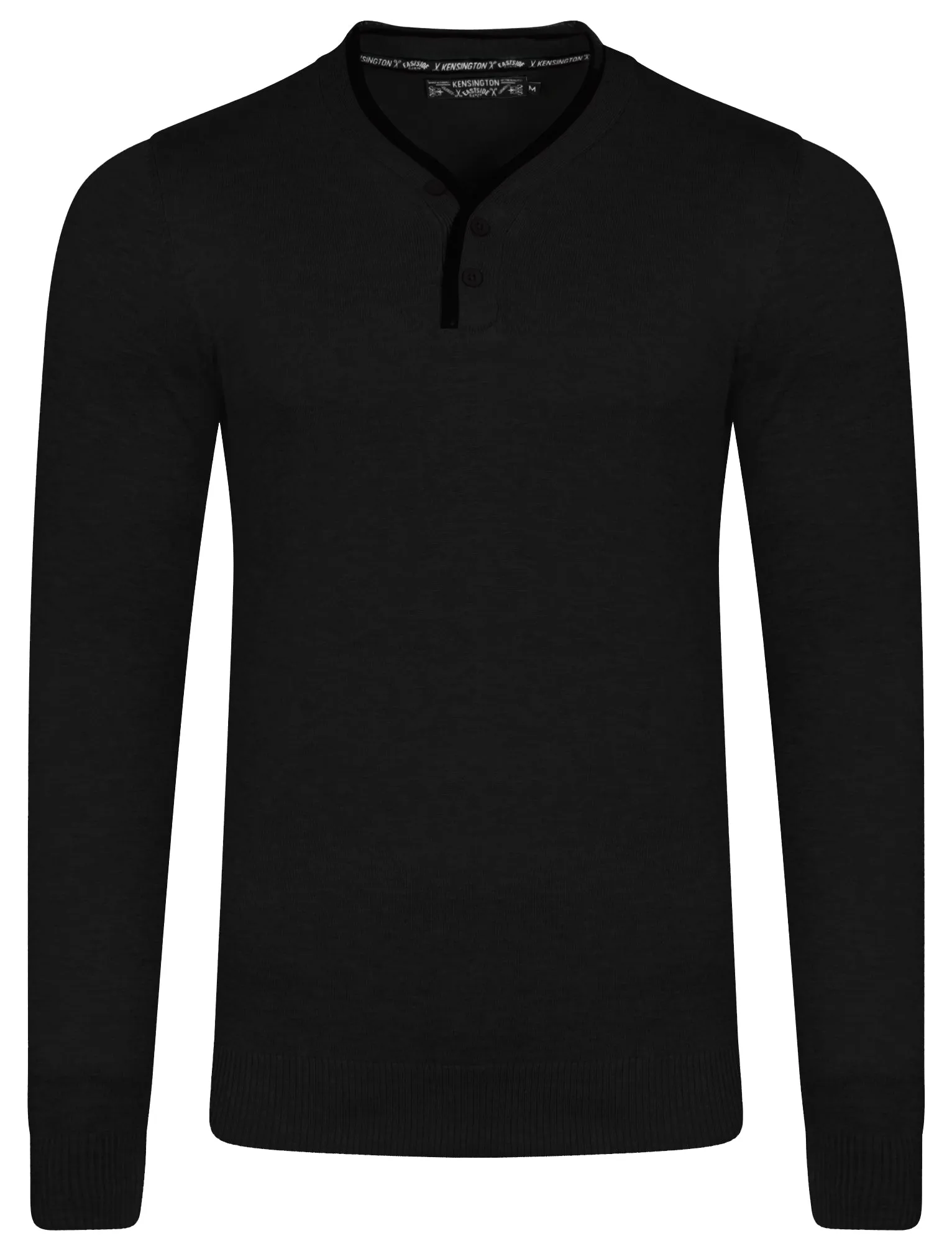 Kallias Faux Leather Trim Henley Jumper in Black - Kensington Eastside