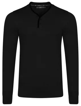 Kallias Faux Leather Trim Henley Jumper in Black - Kensington Eastside