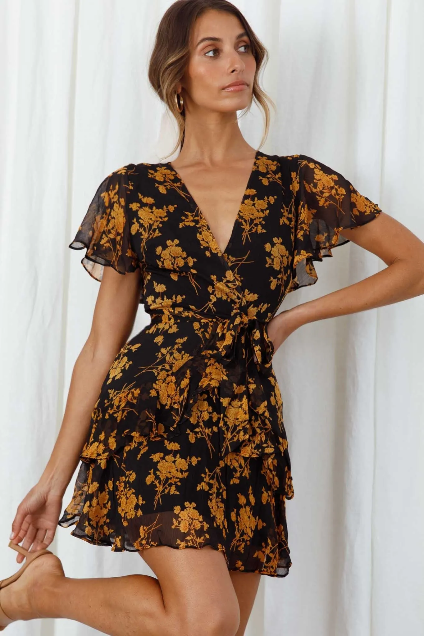 Kerry Layered Angel Sleeve Dress Black/Orange Flower