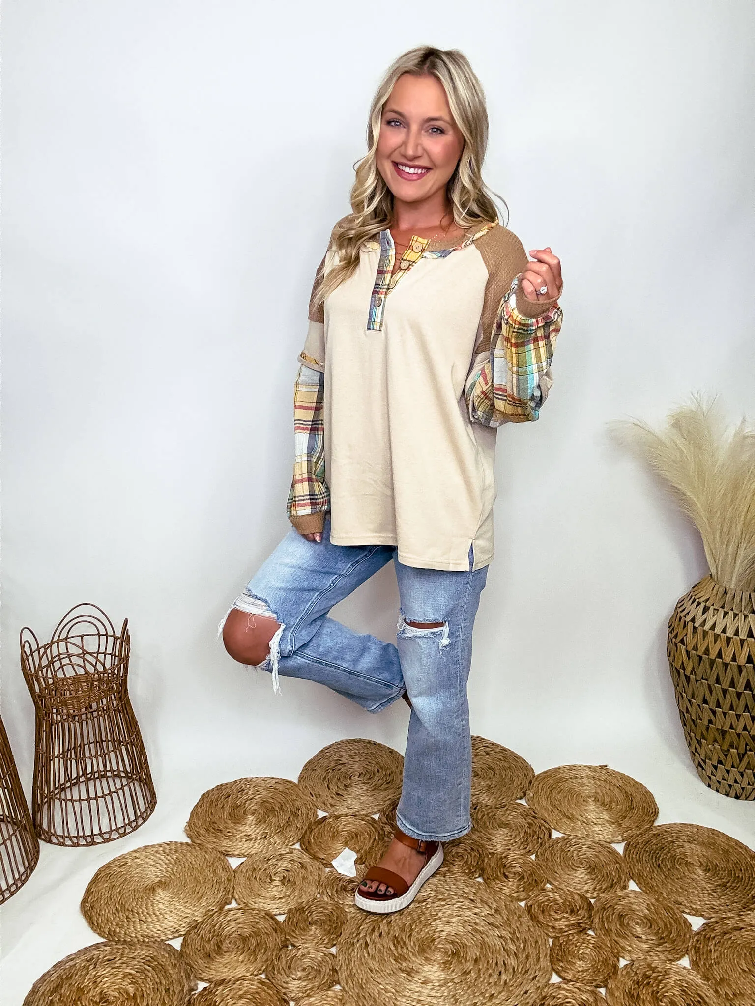 Layered Look Plaid Henley Long Sleeve Top