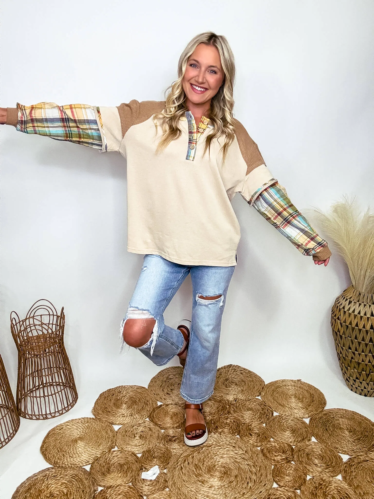 Layered Look Plaid Henley Long Sleeve Top