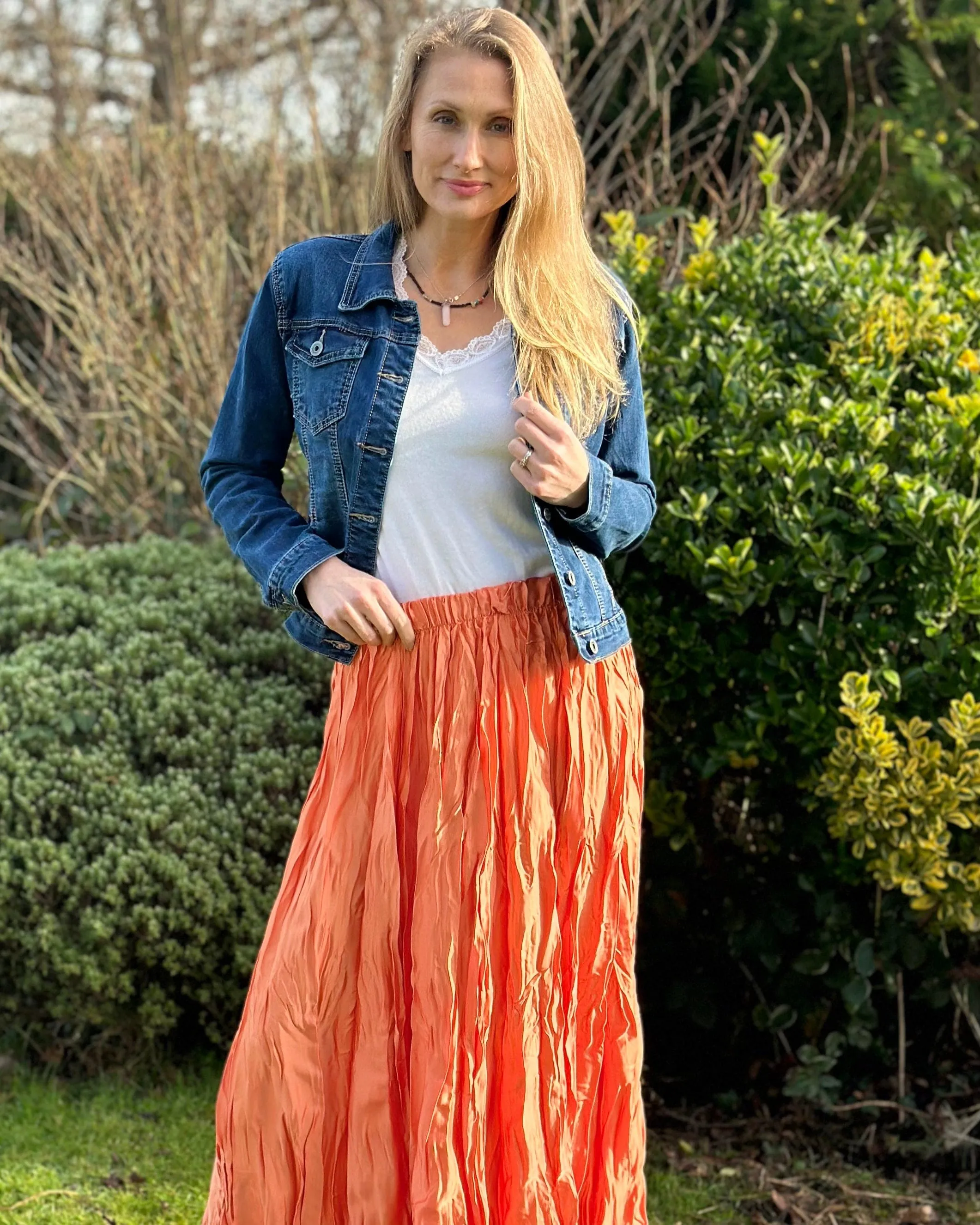 Long Crinkle Satin Skirt - Orange