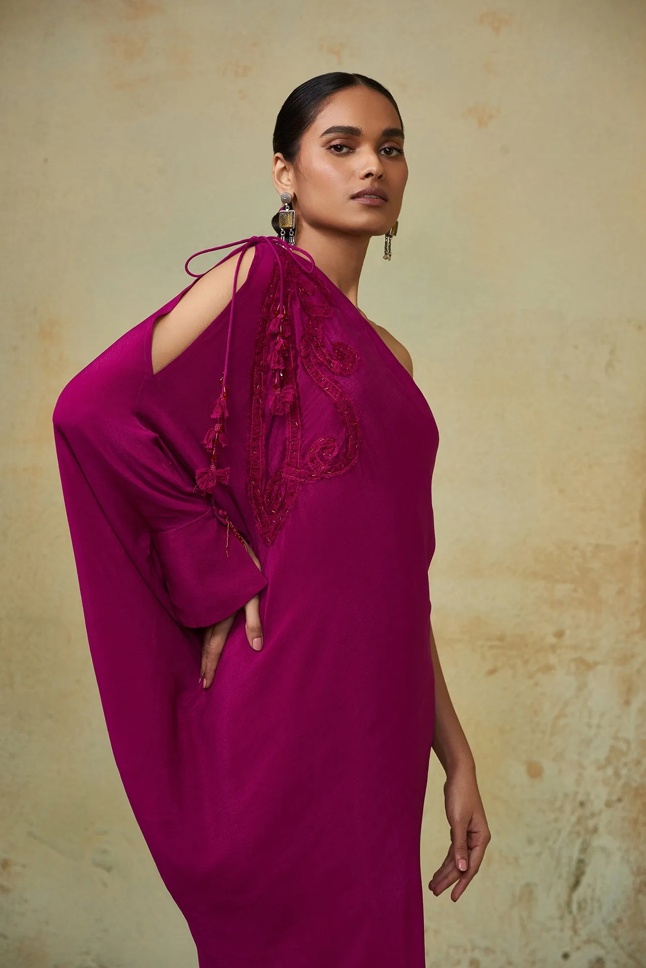 Magenta One Shoulder Drape Dress