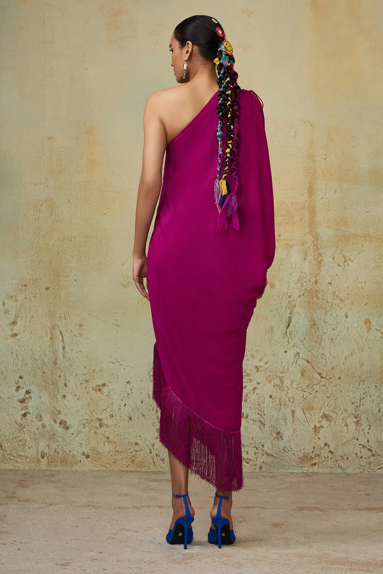 Magenta One Shoulder Drape Dress