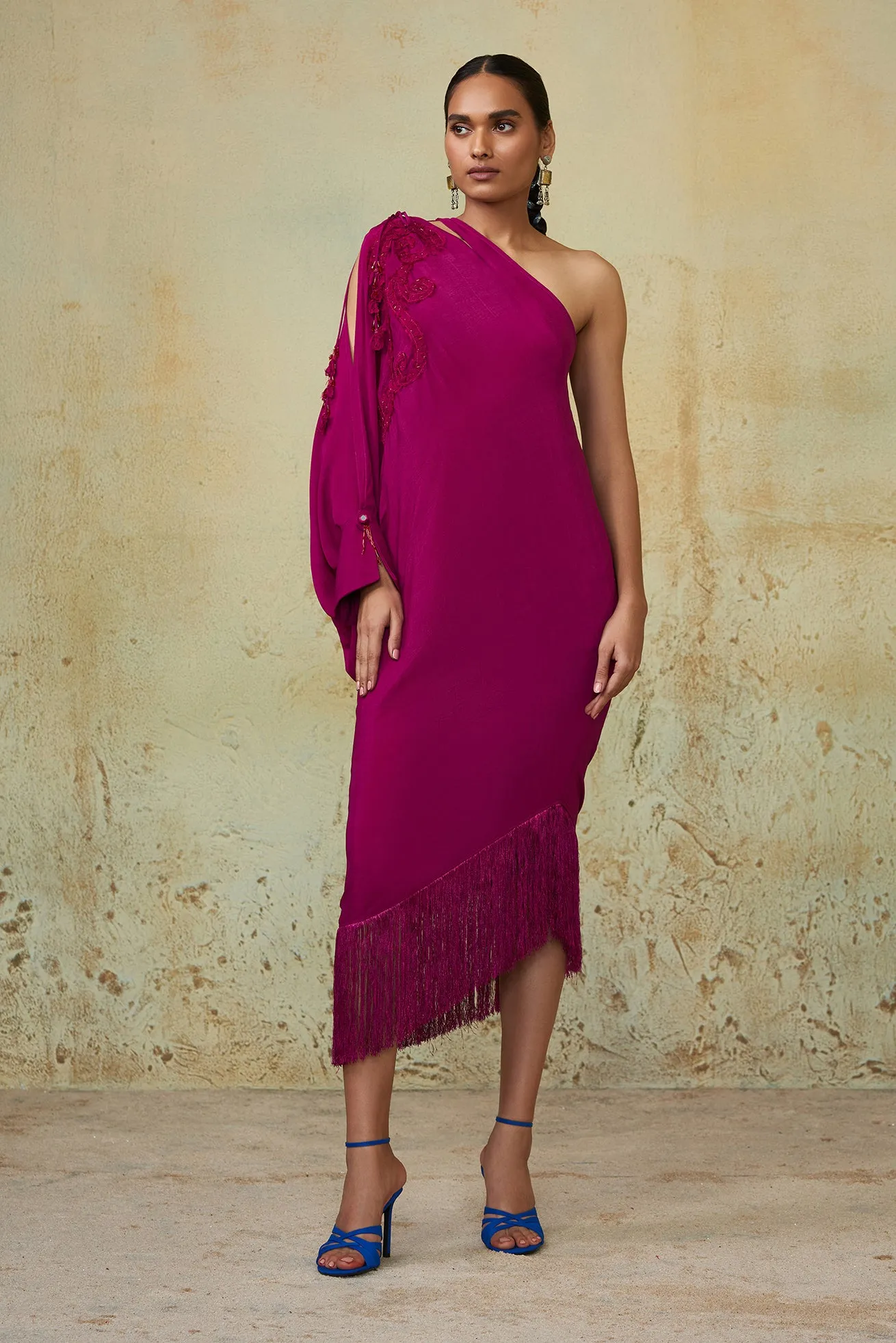 Magenta One Shoulder Drape Dress