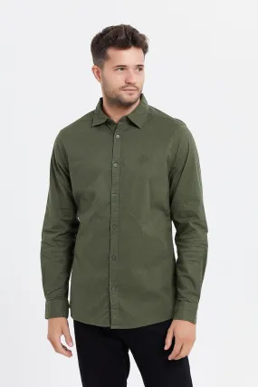 Men Olive Stretch Dobby Shirt