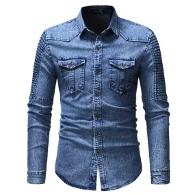 Men's Pleated Sleeve Stitch Lined Denim Shirt