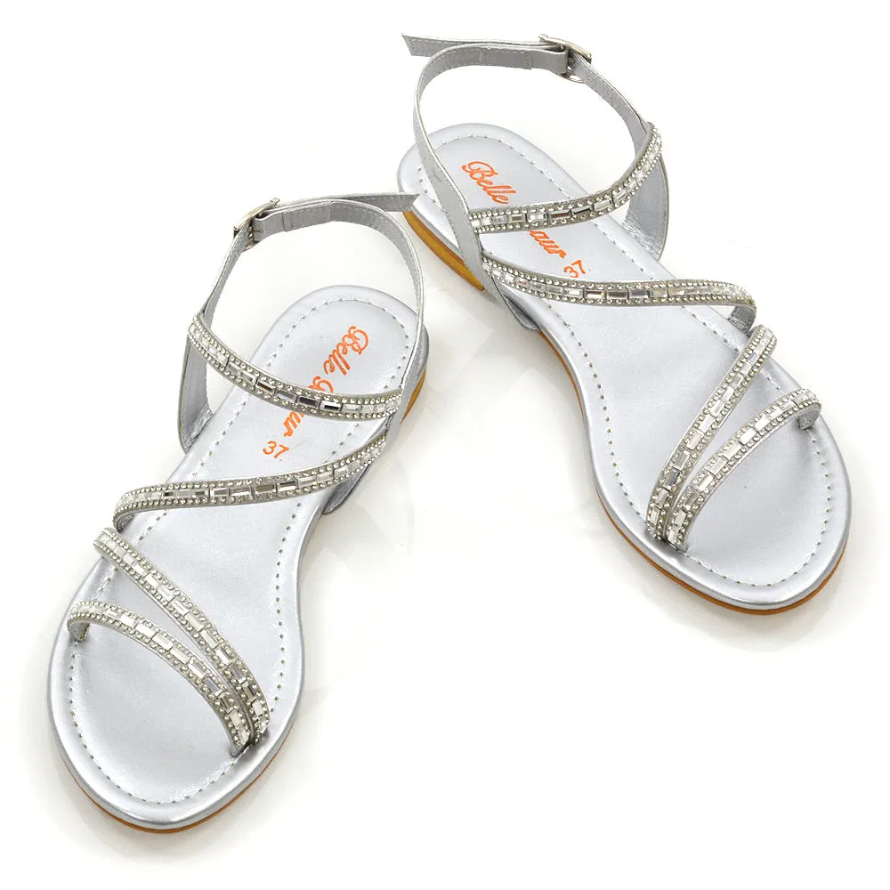 MERCEDES FLAT SOLE MIRROR DETAIL BUCKLE STRAPPY DIAMANTE SANDALS IN SILVER