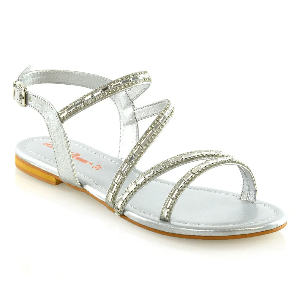 MERCEDES FLAT SOLE MIRROR DETAIL BUCKLE STRAPPY DIAMANTE SANDALS IN SILVER