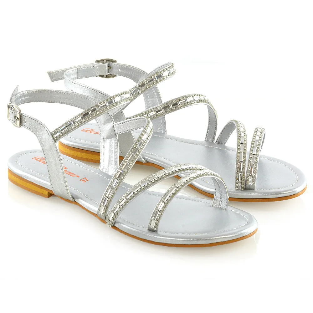 MERCEDES FLAT SOLE MIRROR DETAIL BUCKLE STRAPPY DIAMANTE SANDALS IN SILVER