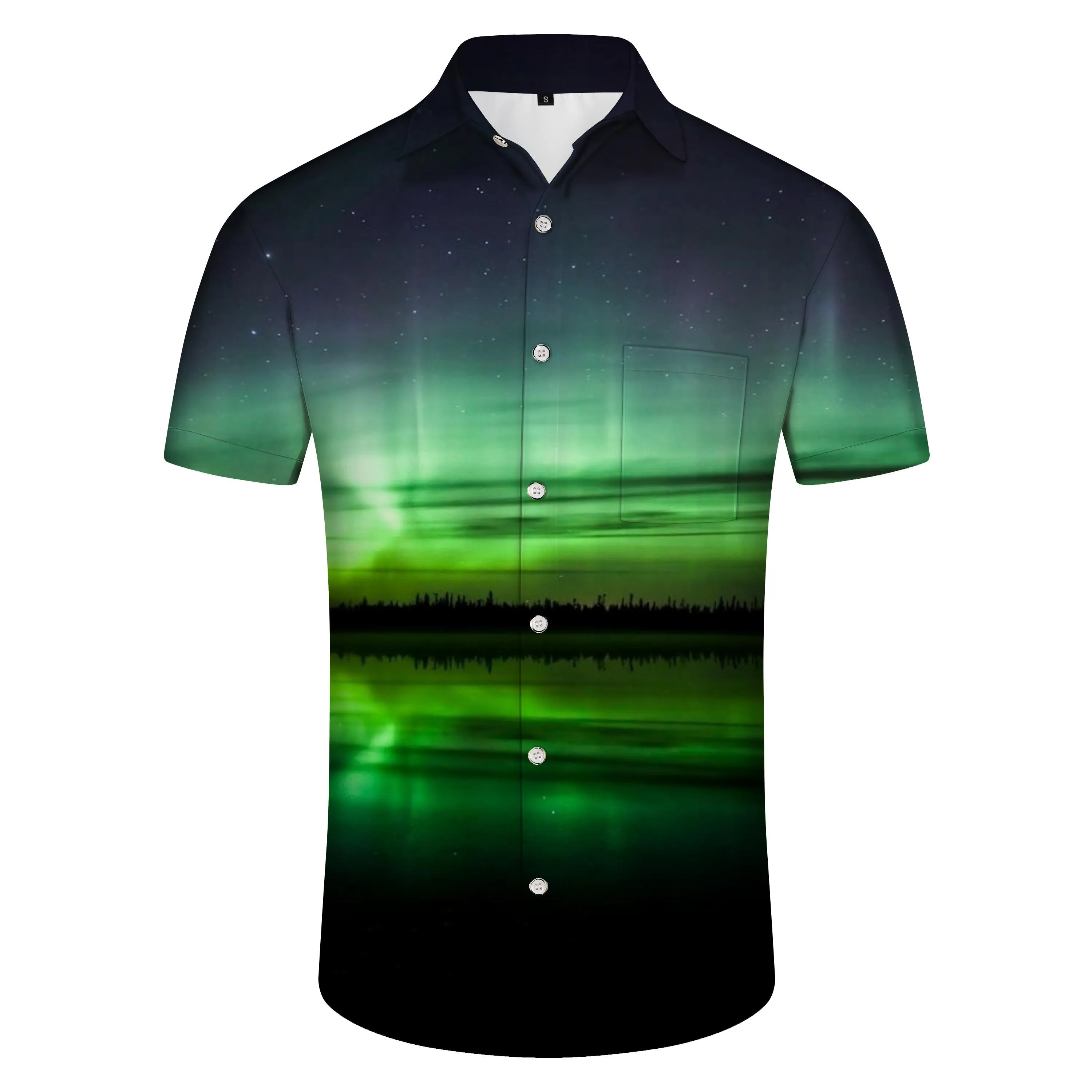 Mixed Color Mens Casual Aurora Borealis Shirt Short Sleeves Regular Fit Fashion Camping Beach Shirt