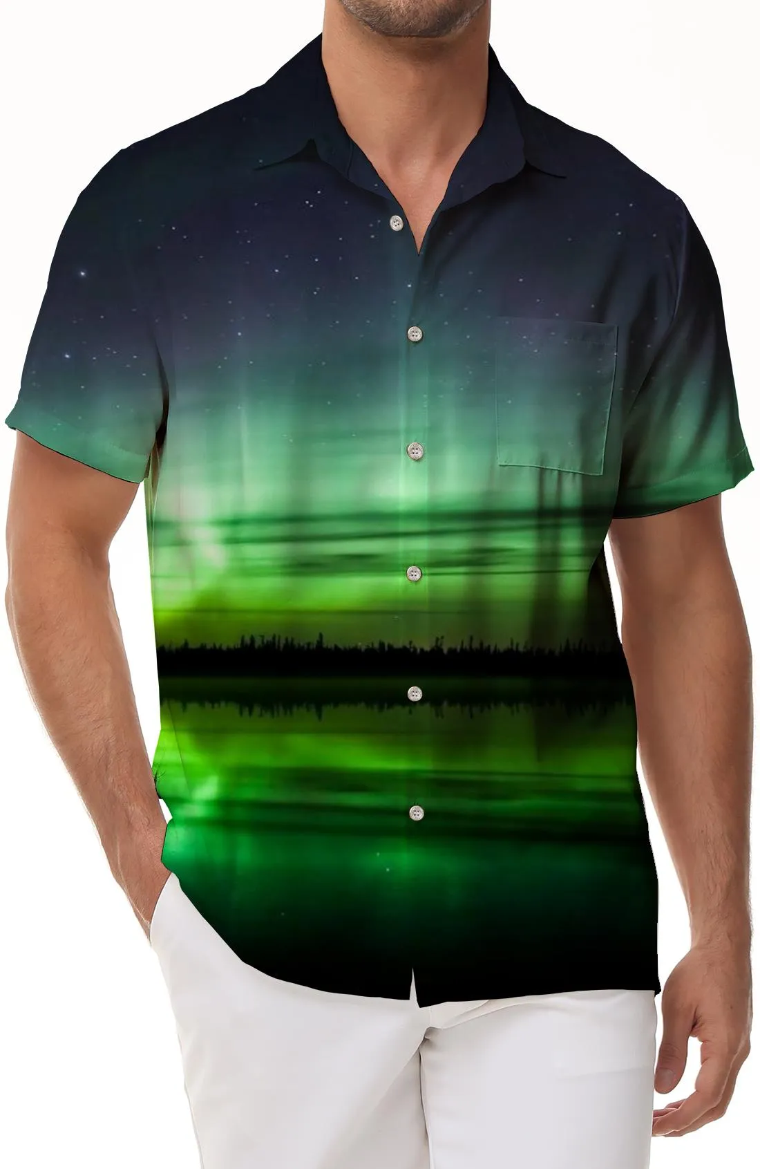 Mixed Color Mens Casual Aurora Borealis Shirt Short Sleeves Regular Fit Fashion Camping Beach Shirt