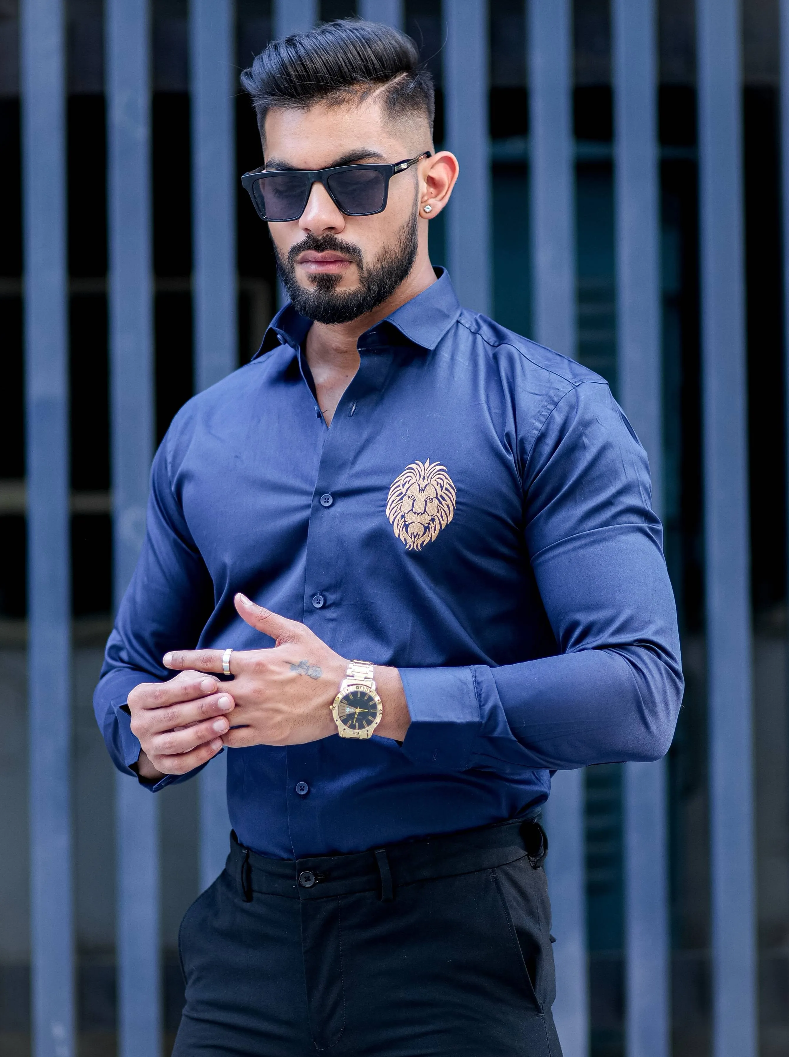 Mufasa Golden Embroidered Blue Premium Shirt For Men