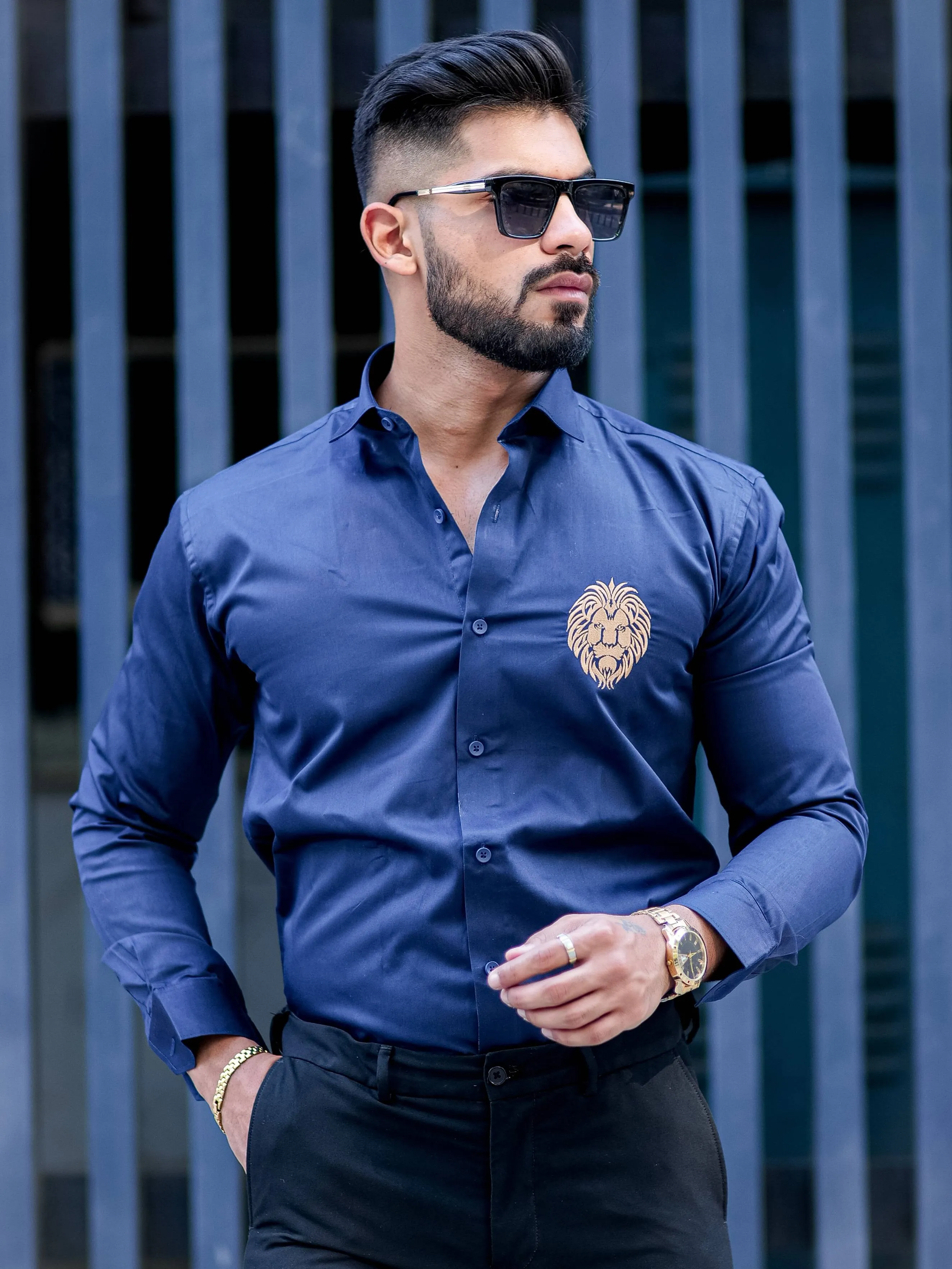 Mufasa Golden Embroidered Blue Premium Shirt For Men