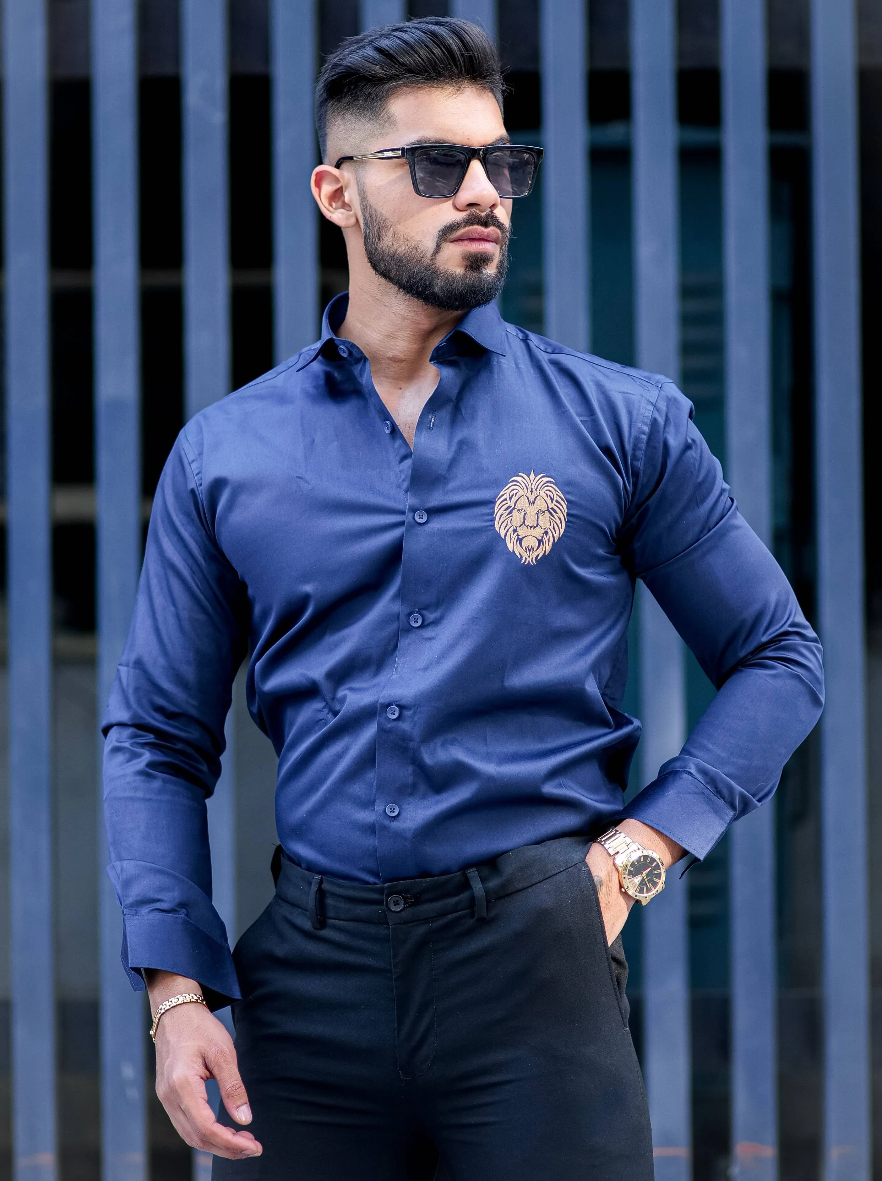 Mufasa Golden Embroidered Blue Premium Shirt For Men