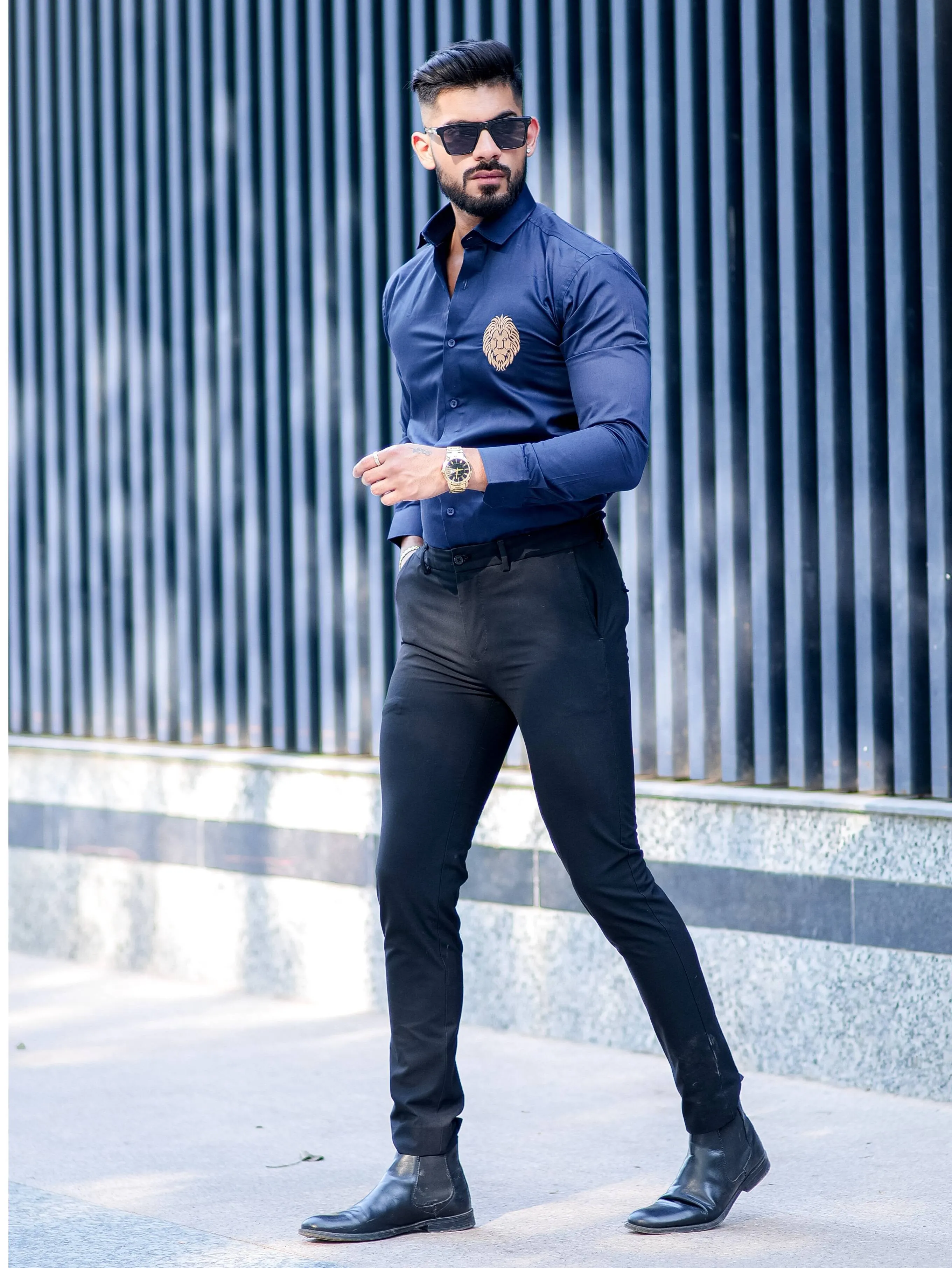 Mufasa Golden Embroidered Blue Premium Shirt For Men