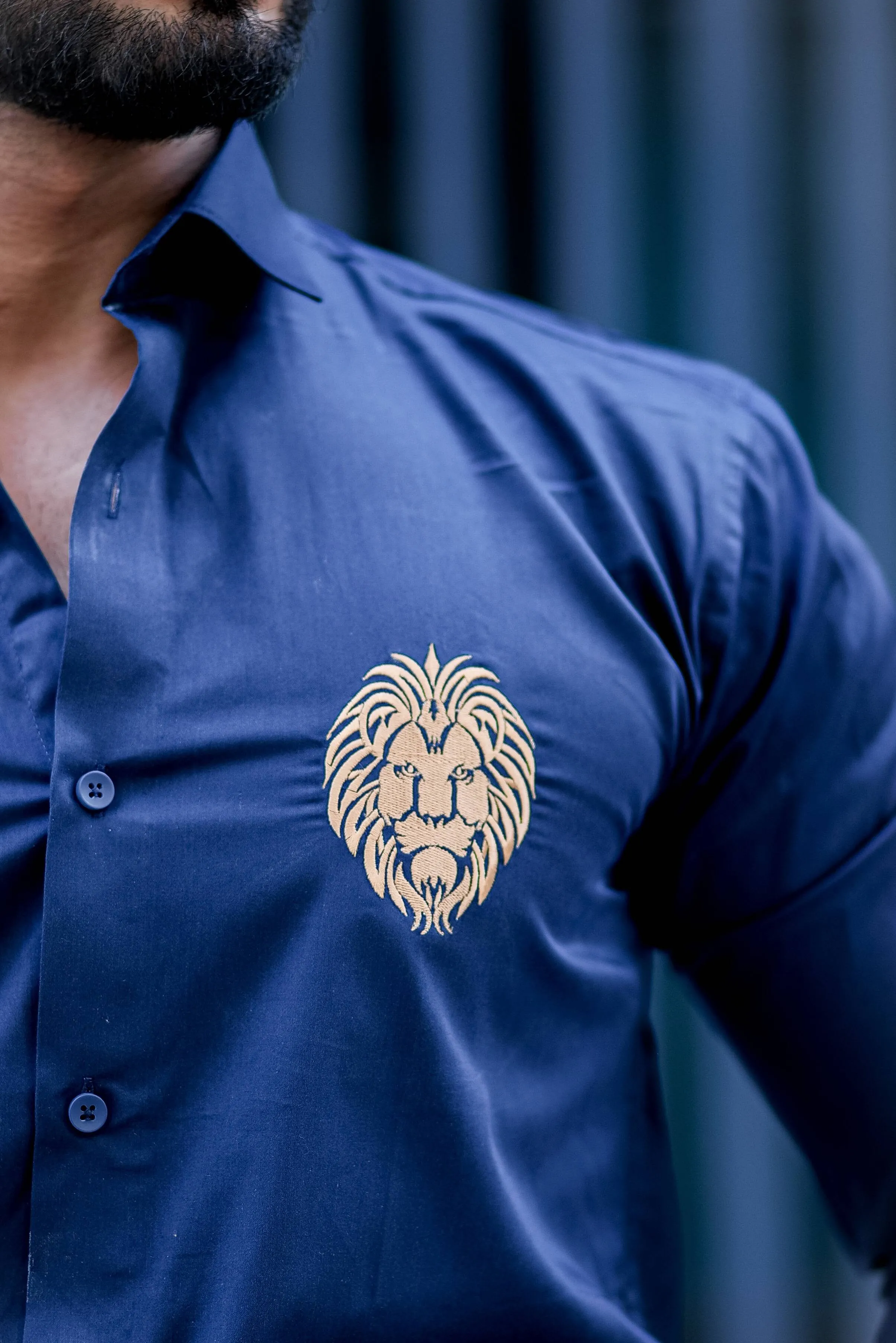 Mufasa Golden Embroidered Blue Premium Shirt For Men