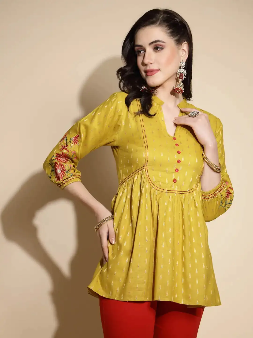 Mustard Embroidered Three Quarter Sleeves Mandarin Collar Tunic