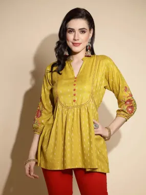 Mustard Embroidered Three Quarter Sleeves Mandarin Collar Tunic