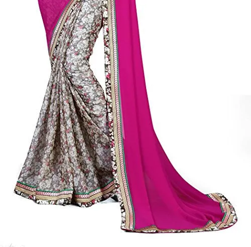 Oomph! Women's Georgette Sarees Party Wear/Fancy Georgette Sarees/Printed Georgette Sarees - Magenta &amp; Porpoise Grey