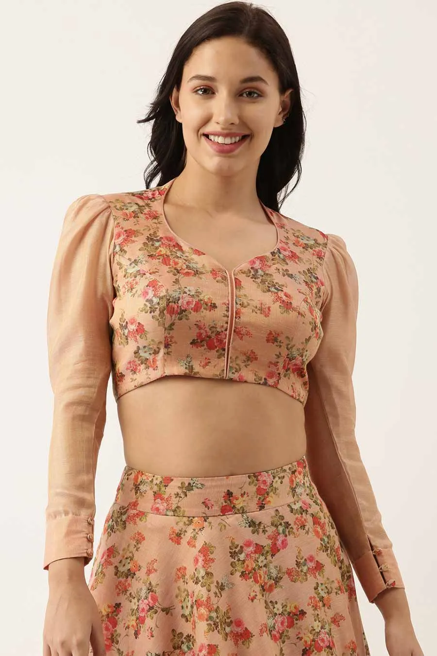 Pink Chanderi Printed Top and Skirt Set