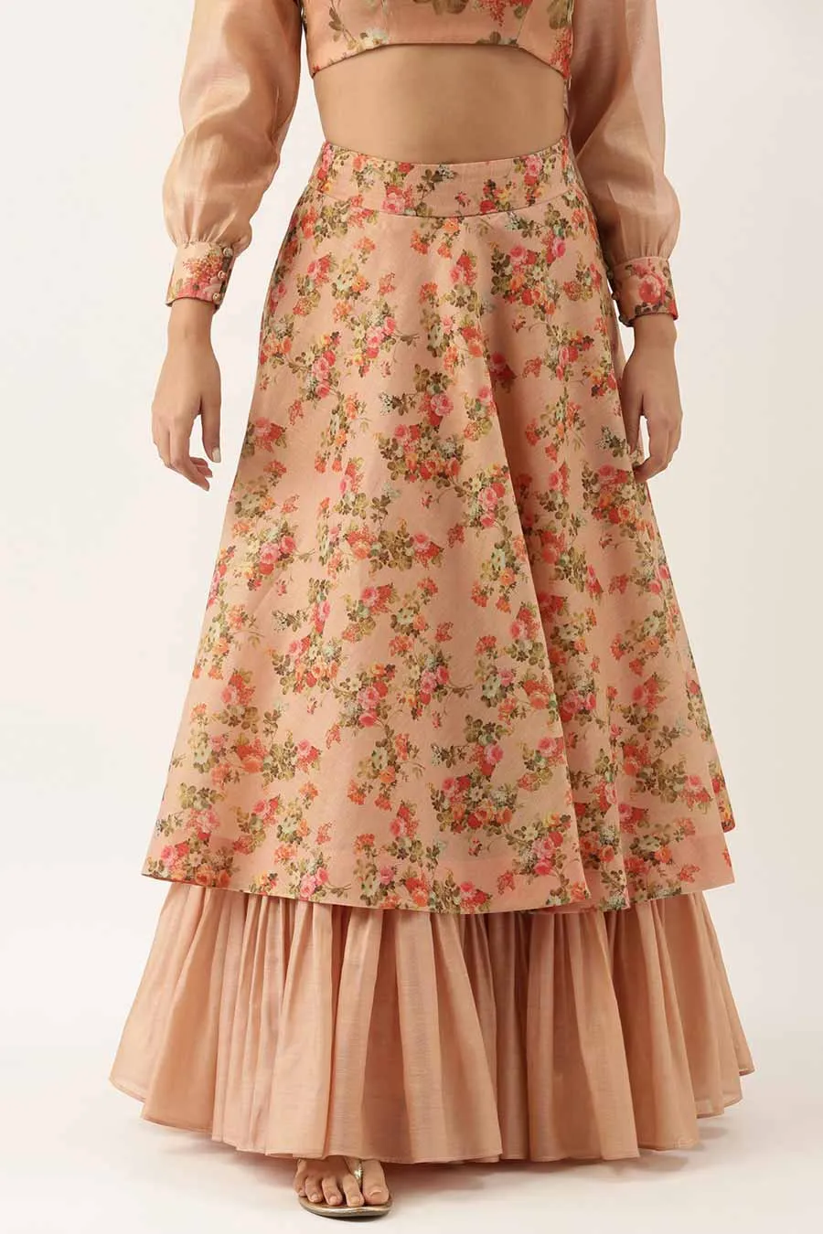 Pink Chanderi Printed Top and Skirt Set