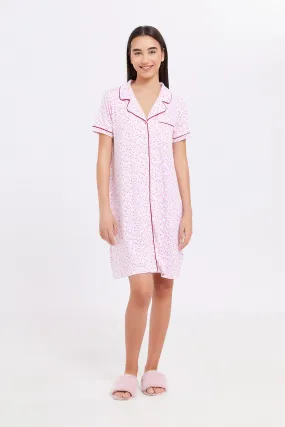 Pink Ditsy Print Front Placket Night Shirt