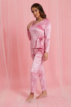 Pink Plain Velvet Pyjama Set (2 Piece)