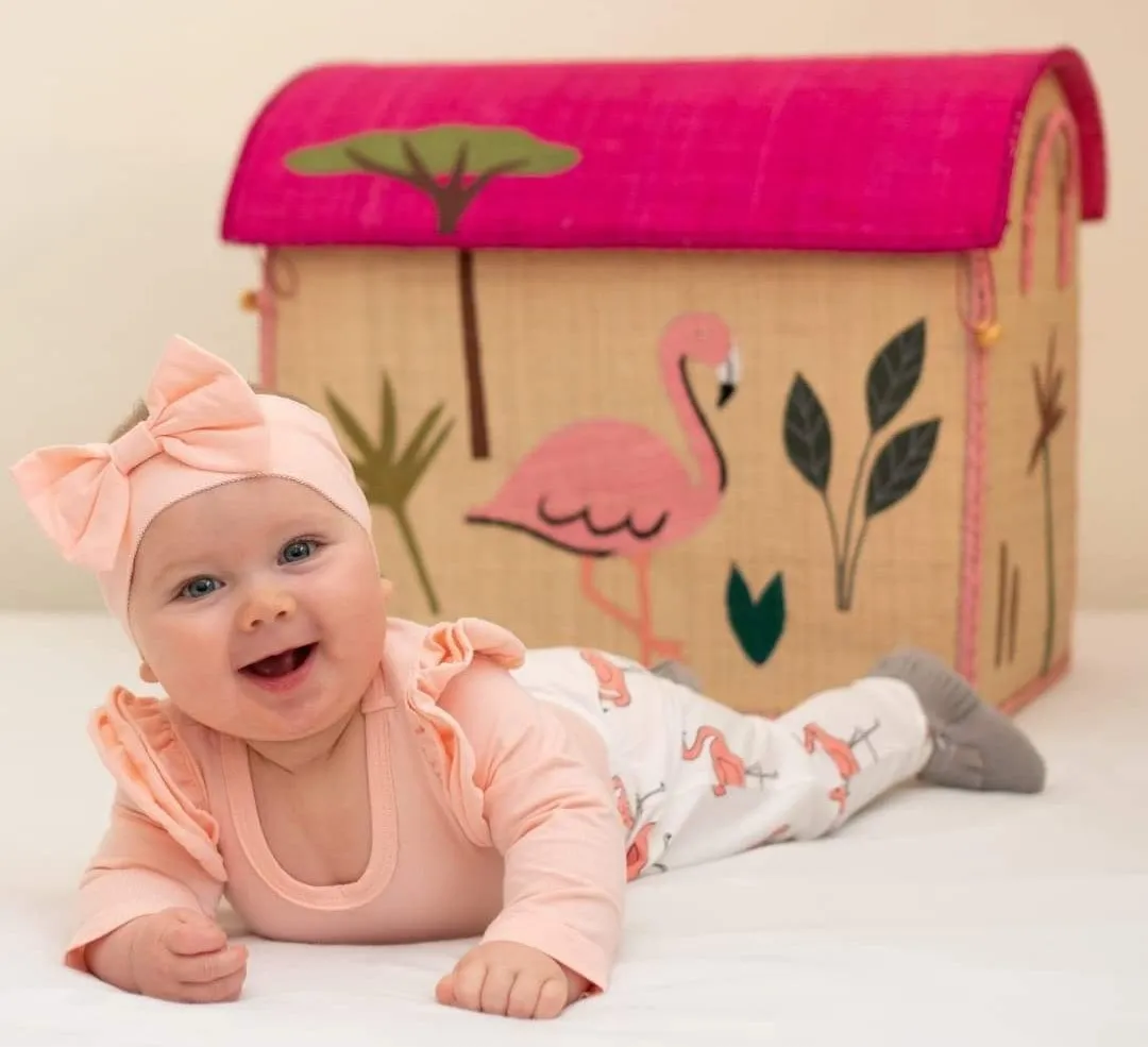 Pink Ruffle Sleeve Romper with Flamingo Pants and Headband  #100076