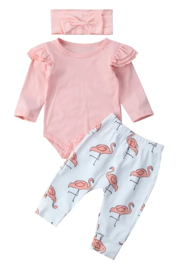 Pink Ruffle Sleeve Romper with Flamingo Pants and Headband  #100076