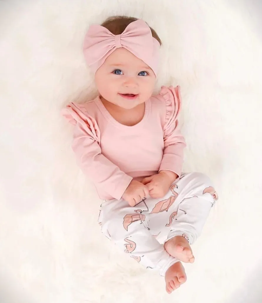 Pink Ruffle Sleeve Romper with Flamingo Pants and Headband  #100076