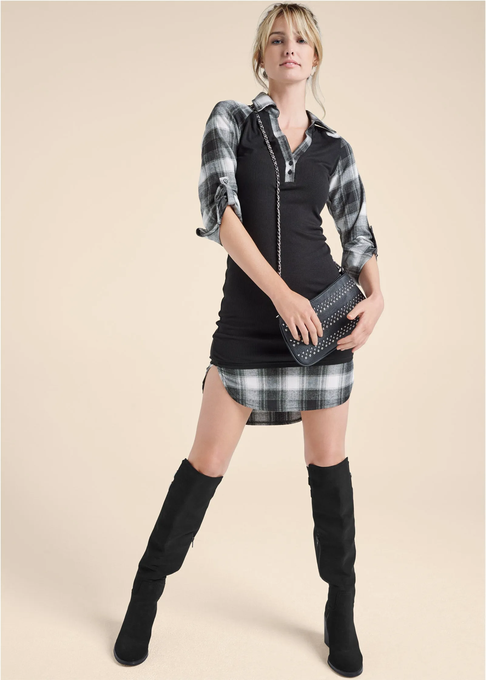 Plaid Detail Henley Dress - Black & White