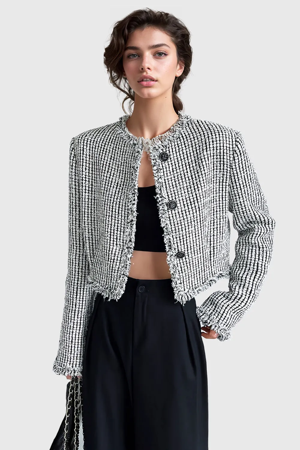 Plaid Short Tweet Jacket - White & Black