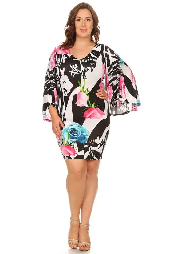 Plus Size Cape Detail Floral printed V-Neck Bodycon Dress